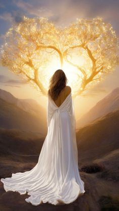 a woman in white dress standing under a tree with the sun shining through her eyes