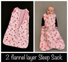 baby sleeping bag with two pictures of it and the words, 2 fanned layer sleep sack