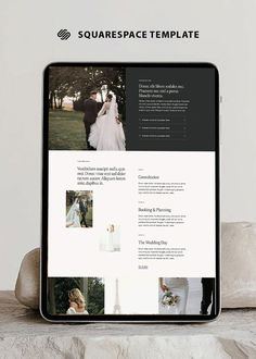 a tablet displaying the square space website on it's display screen, with an image of a bride and groom standing next to each other