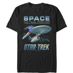 a black t - shirt with an image of a star trek ship in space on it