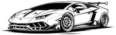 a black and white drawing of a sports car