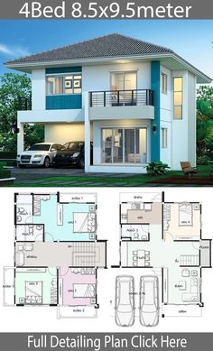 two story house plan with 4 beds and 5 bathrooms