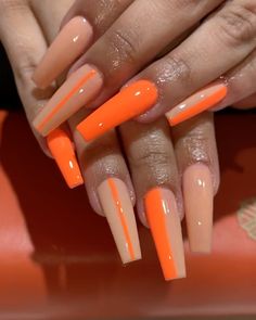 Yellow Nails Ideas Summer, Orange Nail Designs Coffin, Fall Gel Acrylic Nails, Orange Nail Designs Short Nails, Colorful Coffin Nail Ideas, Nail Design Square Shape, Nude And Orange Nail Designs, Coffin Nail Designs Spring, Orange Nails Design Ideas