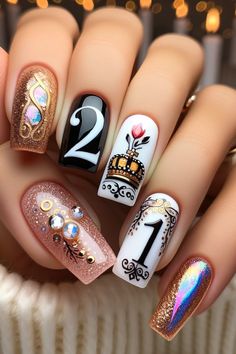 33 Birthday Nails to Celebrate Your Special Day 35th Birthday Nails, 50th Birthday Nails Design, 50th Birthday Nails, Poly Gel Nail Ideas, Wedding Guest Nails, Vintage Nail Art