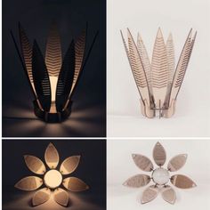 three different types of lamps with leaves on them and one light that is shaped like a flower