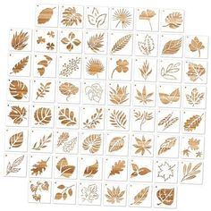 gold leaf stencils on white paper, with various leaves and flowers in them