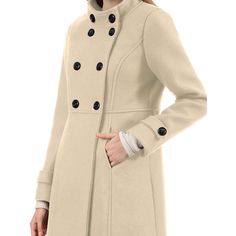 Take on chilly winter with this stylish midi-length coat with its chic stand collar design and double-breasted details. It is finished with a stand collar and slant pockets. Keep cozy and chic all at once with this coat. A chic cut for a simple and sophisticated coat that saves a bit of flare for the soft, warm fabric. Pull it on over your favorite work or dressy nighttime looks for a stunning, polished ensemble. Trendy Winter Office Pea Coat, Trendy Winter Pea Coat, Beige Double-breasted Pea Coat For Winter, Beige Wool Coat With Stand Collar For Winter, Chic Stand Collar Pea Coat For Spring, Beige Stand Collar Outerwear With Buttons, Chic Spring Pea Coat With Stand Collar, Winter Wool Coat With Stand Collar, Winter Beige Wool Coat With Button Closure