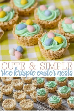 some cupcakes with green frosting and candy eggs on top are sitting on a checkered table cloth