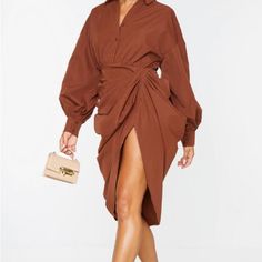 Chocolate Balloon Sleeve Shirt Dress. Gathers In Front. Fits 2-4 Chic Collared Midi Dress For Brunch, Collared Midi Dress For Fall Brunch, Brown Collared Dress For Date Night, Elegant Brown Shirt Dress For Day Out, Chic Brown Shirt Dress For Dress Down Days, Chic Brown Shirt Dress For Spring, Chocolate Balloon, Turquoise Midi Dress, Nude Slip Dress