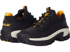 Caterpillar Invader ST - Men's Shoes : Black/Fullmoon : The steel toe protection and comfortable support of the Caterpillar Invader ST boot will make sure you perform at your best every work day. Style numbers: P91274 (Black), P91276 (Gargoyle), P91275 (Black/Fullmoon) and P91338 (Dark Brown). Leather upper. Steel toe work boot. Padded collar for added comfort. Traditional lace-up design with sturdy metal hardware for a secure fit. Nylon mesh lining provides airflow for added breathability. Cush Durable Black Work Boots For Construction, Black Impact Resistant Work Boots For Construction, Black Boots With Reinforced Toe For Construction, Black Round Toe Construction Boots, Black Protective Boots For Construction, Black Construction Boots With Reinforced Toe, Rugged Black Shock Resistant Work Boots, Black Rugged Work Boots With Shock Resistance, Casual Black Shock Resistant Work Boots