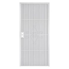 an image of a white door with bars on the bottom and side glass doors in the middle