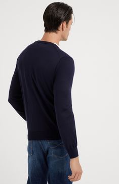 Single-ply manufacturing of the cashmere and silk yarn brings out the qualities of the natural fibers and provides lightness and comfort. The garment takes on a balanced weight which is very pleasant to wear. Crew-neck in rib knit Rib knit cuffs and bottom band Plain stitch Luxury Crew Neck Merino Wool Sweater, Luxury Merino Wool Crew Neck Sweater, Blue Merino Wool Fine Knit Sweater, Blue Fine Knit Merino Wool Sweater, Classic Navy Cashmere Sweater, Elegant Blue Merino Wool Sweater, Elegant Blue Cashmere Sweater, Luxury Blue Long Sleeve Sweater, Classic Navy Fine Knit Sweater