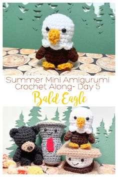 crochet amigurmi bird and bear with text that reads summer mini amigurmi crochet along day 5