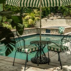 two chairs and an umbrella are by the pool