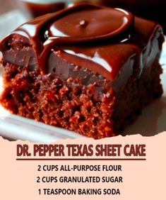 a close up of a piece of cake on a plate with the words dr pepper texas sheet cake