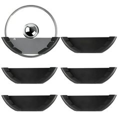 four black bowls with silver handles and one has a circular handle on the top, five are