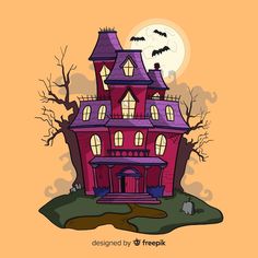 a pink house with bats flying around it