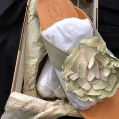 Sea Moss Green Flower Sandal Flower Shaped Summer Sandals For Spring, Leather Flip Flops For Spring With Open Heel, Leather Open Heel Flip Flops For Spring, Chic Flower Sandals For Summer, Chic Summer Sandals With Flower Design, Chic Summer Flower Sandals, Flower Sandals, Sea Moss, Moss Green