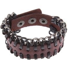 Show off your stylish spirit with Russet Leather Cuff Bracelet With Chain! This thick fashion accessory features a dark brown leather strap with black leather stitches down each side and dark, metal link chain weaved through the stitches.   It is completed with a matching metal snap on one end that can fit into three snaps on the other end so you can adjust the wrist measurement. With a mashup of mixed materials, this bracelet will look trendy with your everyday wardrobe.        Details: Casual Adjustable Chain Bracelet, Edgy Style Bracelet Jewelry, Casual Brown Metal Bracelet, Casual Brown Metal Bracelets, Adjustable Metal Chain Bracelets, Adjustable Edgy Cuff Bracelet, Adjustable Metal Bracelets, Adjustable Brown Metal Cuff Bracelet, Adjustable Metal Wristband With Bracelet Strap