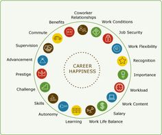 a circle with the words career happiness surrounded by icons in different colors and sizes on it