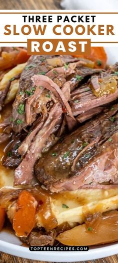 a white plate topped with roast beef and potatoes