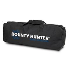 a black duffle bag with the words bounty hunter in blue on it