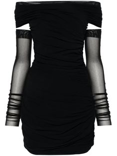 black stretch-design draped design tulle overlay ruched detailing cowl neck sleeveless straight hem full lining Fatale Aesthetic, Vampire Diaries Outfits, Draped Mini Dress, Off Shoulder Sleeves, Lorenzo Serafini, Designer Drapes, Airport Fashion, Dreamy Dress, Fairy Core