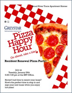 a flyer for a pizza party featuring a slice of pepperoni pizza