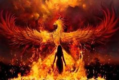 a person standing in front of a fire with an eagle on it's back