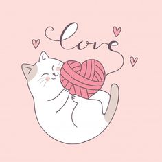 a white cat holding a ball of yarn in its paws with the word love written above it