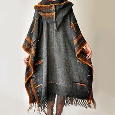 Handmade Winter Poncho Cape, Handmade Brown Bohemian Poncho, Handmade One Size Cape For Fall, Handmade One-size Cape For Fall, Handmade Cape Poncho For Fall, Handmade One-size Fall Cape, Handmade Poncho For Fall Festival, Handmade Fall Festival Poncho, Fall Handwoven Cape Shawl