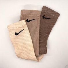 3 Pack of hand dyed Nike crew socks Colors: Sand, Taupe, Dark Brown Size: Adult Unisex Dri Fit Socks, Nike Crew Socks, Brown Socks, Nike Brown, Cute Nike Outfits, Handmade Socks, Sock Outfits, Nike Socks, Cute Nikes