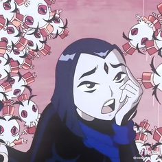 an animated image of a woman talking on a cell phone with skulls in the background