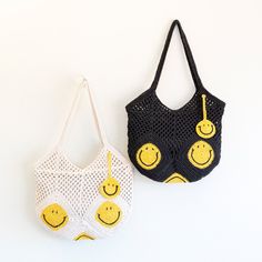 Elena Handbags Cotton Crochet Handmade Shoulder Bag with Smiley Face D Crochet Smiley Face