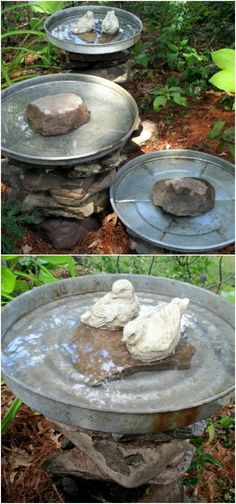 there are three metal bowls with rocks in them and one is filled with water on the bottom