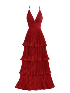 a red dress that is very long and has tiered layers on the bottom, with a v - neckline