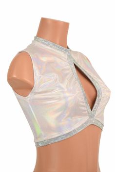 "This item is made to order, please read all the way through the listing before purchasing! This crop top is made from four way stretch lycra spandex in Flashbulb Holographic. Frostbite Shattered Glass fabric accents around the middle opening, neckline, and hemline. It features a keyhole design in front, with a high back, and fits like a glove! TOP LENGTH: Underarm to hemline measures 8\" Womens Sizing (See below for instructions on where measurements should be taken) XXS: Bust 29\"-30\" / Waist Glove Top, Shattered Glass, Olive Branch, Crop Top, Take That, Womens Tops, Tops & Tees, Spandex, Crop Tops