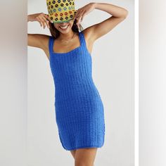 Free People Beach Short And Sweet Mini Dress Blue Size M Chic Blue Dress For Poolside, Chic Blue Poolside Dress, Trendy Blue Beach Dress, Blue Fitted Mini Dress For Beach, Fitted Breezy Blue Dress, Trendy Blue Mini Dress For Vacation, Chic Blue Mini Dress For Beach Season, Light Blue Sleeveless Mini Dress For Beach Season, Light Blue Mini Dress For Beach