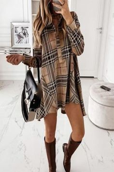 Brown and Black color Size Chart Unusual Dresses, Vevey, Fall Things, Dress Women Elegant, Long Sleeve Plaid Shirt, Mini Dress Casual, Dress Shirts For Women, Mini Shirt Dress, Dress For Short Women