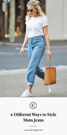 6 Different Ways to Style Mom Jeans #theeverygirl Witte Sneakers Outfit, Vestiti In Jeans, Stile Blair Waldorf, White Sneakers Outfit, White Boyfriend Jeans, Look Jean, Mom Jeans Outfit, Outfits 2016, Yoga Outfits