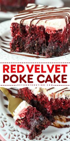 A fudgy brownie meets a moist red velvet cake in this easy dessert idea! This cake flavor will become one of your favorite things to bake. What's not to love about a red velvet poke cake recipe with cream cheese frosting and hot fudge sauce? Cream Cheese Poke Cake, Red Velvet Poke Cake, Velvet Desserts, Easiest Desserts, Hut Ideas, Regular Cake, Red Velvet Desserts, Cake Mix Ingredients, Cheese Brownies