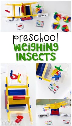 a collage of photos with the words preschool weighing insects on them and an image of a toy chair