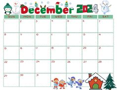 a calendar for the holidays with snowmen and christmas trees on it's side