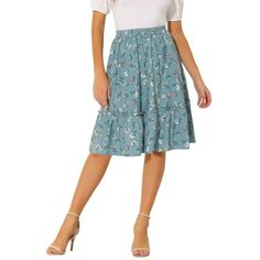 Featuring an A-line and tiered details, it is a summer casual skirt to pair with a top and sandals for a cute day look. This midi skirt is high-waist featuring an A-line silhouette. Pair with a stylish T-shirt and vintage high heels for a charming inspired look. Occasion: summer skirt for Casual, Vacation, Office, Shopping or just Daily wear. Please check your measurements to make sure the item fits before ordering. Measurement (in inches) International Size----Waist Girth----Total Length XS---- Knee Length Skirts Outfits, Casual Summer Skirt, Skirt Outfit Summer, Vintage High Heels, Fit And Flare Skirt, Work Skirts, Floral Midi Skirt, Summer Skirts, Flowy Skirt