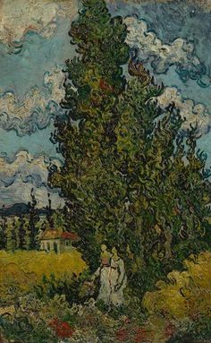 a painting of two people standing in front of a large tree with clouds above it