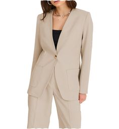 20% wool / 80% polyester. Flat. Include Blazer + Pants. V Neck. Center Vent. Single Buttons. Real pocket. Full lined. Machine wash / Hand wash. Color or size customization please note in the order Flat Front Suits With Pockets For Workwear, Solid Color Business Casual Pantsuit With Pockets, Solid Business Casual Pantsuit With Pockets, Business Casual Solid Pantsuit With Pockets, Beige Office Suits With Pockets, Career Suits With Notch Lapel And Pockets, Tailored Solid Color Pantsuit With Pockets, Office Wear Bottoms With Pockets And Suit Collar, Notched Suits With Pockets For Workwear