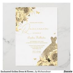 a white and gold wedding card with roses on the front, and an elegant gown in the back