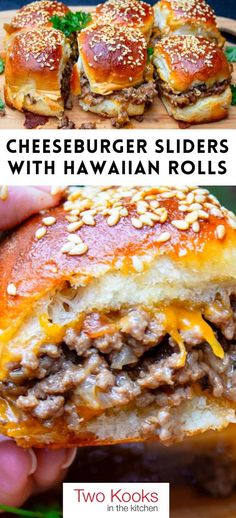 cheeseburger sliders with hawaiian rolls in the background and text overlay that reads two kolos