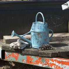 an old rusty blue watering can with a pine cone on the ground next to it