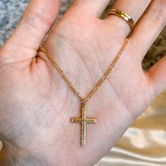 The perfect gift for your man. Our 14k gold filled cross necklace can be made in two lengths. 20 or 22 inch Figaro chain with 25x15mm larger sized 14k gold filled cross. 20 inches is a good universal men’s length. gold filled is waterproof and made to last. *Modeled on a male in 20 inch length. Figaro Chain Cross Necklace As Gift, Gold Spiritual Cross Necklace Tarnish Resistant, Spiritual Gold Cross Necklace Tarnish Resistant, Gold Cross Necklace With Figaro Chain, Gold Cross Pendant Necklace In 14k Gold Filled, 14k Gold Filled Gold Cross Necklace, Figaro Chain Cross Jewelry As Gift, Gold Cross Necklace With Figaro Chain As Gift, 14k Gold Filled Cross Pendant Necklace